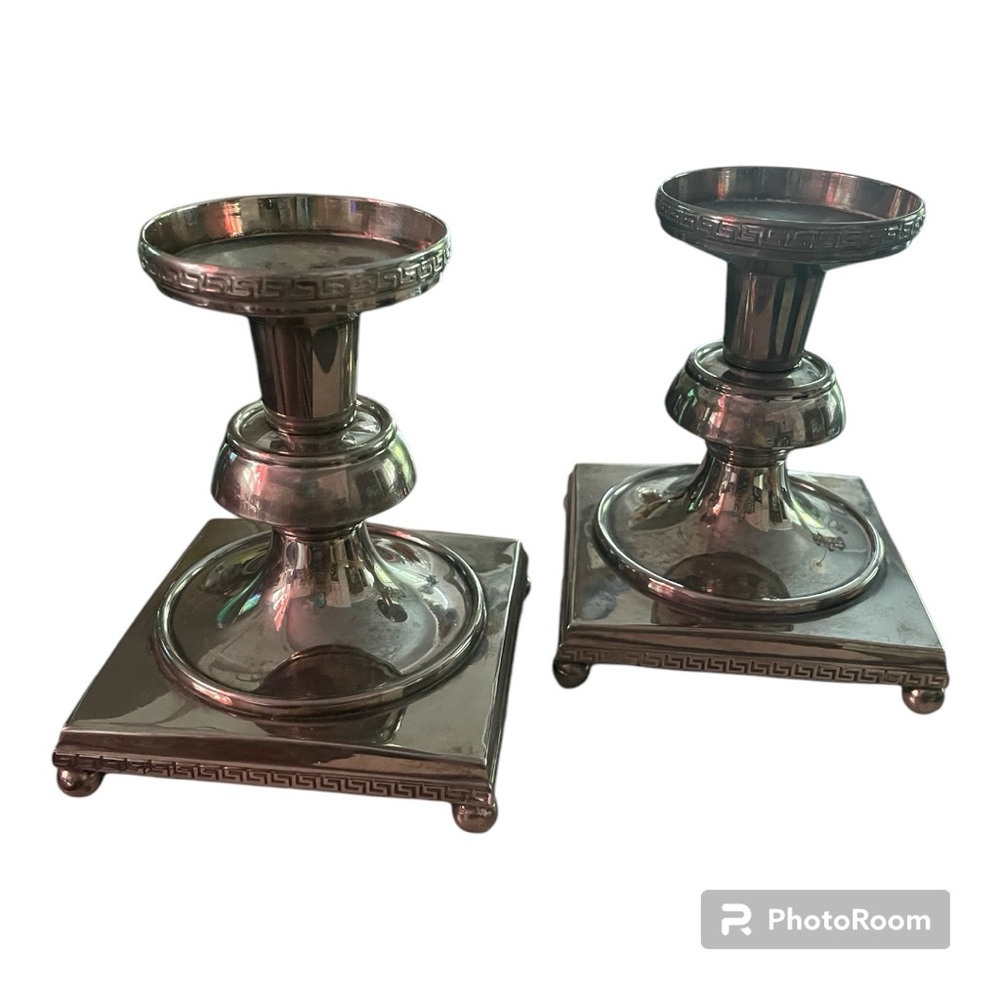 Handsome pair of silver plate candlesticks - beautiful Greek Key & square design